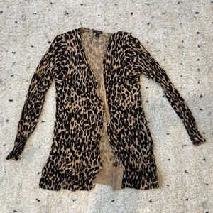 Halogen Womens Brown Side Slit Drape Open Front Leopard Print Long Cardigan L